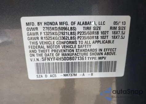 2013 Honda Pilot Ex-L from USA, damaged, VIN 5FNYF4H50DB071361